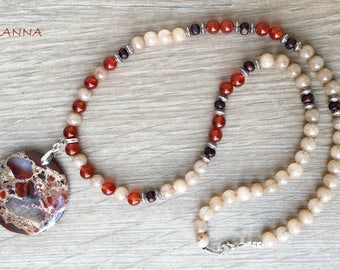LHASA/piedras semi-precious necklace/carnelian and beige agate/breccioid jasper pendant/Elegant chic casual Boho