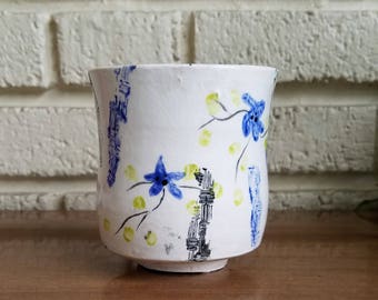 Handmade Ceramic Tea Cup with Floral and Geometric Pattern