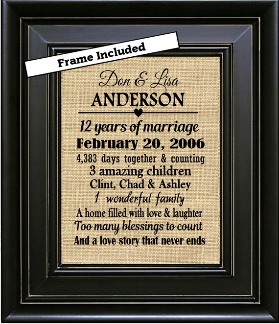 FRAMED Personalized 12th  Wedding  Anniversary  Gift  12th 