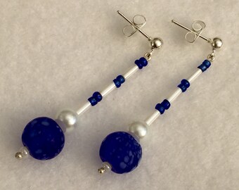 Hand Crafted Blue and Cream Beaded Earrings.