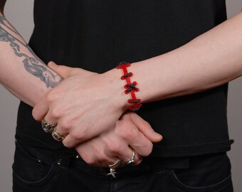 Frankenstein Monster Stitches Bracelet- 2 PC Set Brite Red