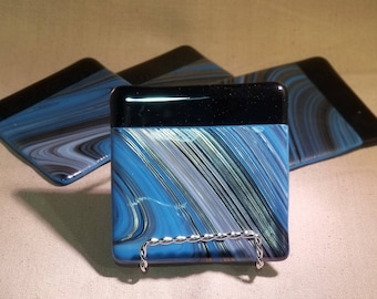 Black and Blue Swirl fused glass coasters (set of 4)