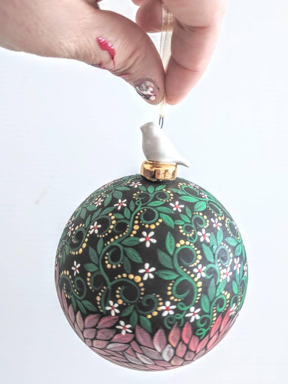 Hand painted glass ornament with birdie topper green and red Christmassy bauble