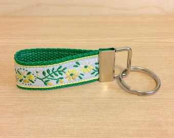 Green and yellow flowers mini key ring - key fob - key ring wristlet - key fob wristlet