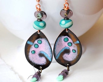 Pink Enamel Earrings, Artisan Leaf Earrings, Lampwork Earrings, Abstract Earrings, Boho Gypsy Earrings, Colorful Ethnic Earrings