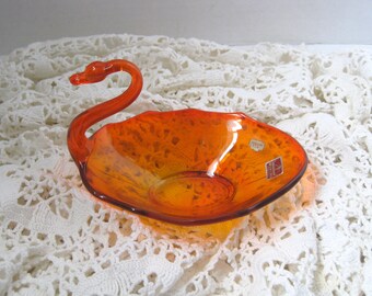 Vintage Viking Glass Amberina Swan Candy Dish