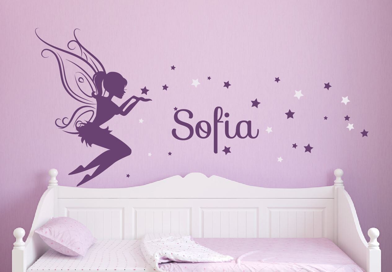 Baby Girl Room Decor Fairy Wall Decal w/ Blowing Stars Vinyl