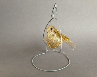 Wire bird *Tweety pie* with swinging steel stand, canary wire sculpture, cute home decor, bird cage, wire art, one of a kind, unique gift