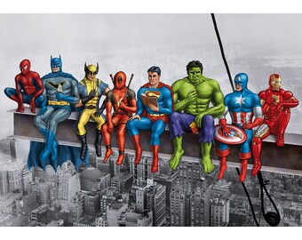 Superheroes on Girder Poster. Original artwork based on Marvel comic characters. Batman, Spiderman, Wolverine, Superman, Hulk, Iron Man etc.