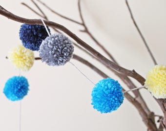 Pom Pom Garland // Blue Grey Yellow // 17 Pom Poms // 1.3m