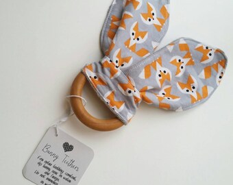 Teething Bunny - Fox Baby Teething Toy - Wooden Teething Toy - Wood Teething Ring - Baby Shower Gift - Baby Stocking Stuffer - Bunny Ear Toy