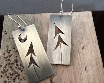 Sterling Silver Two Pines & Crescent Moon Tree Art earrings