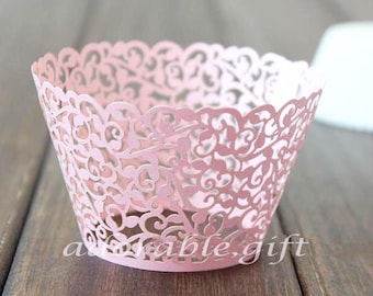 Cupcake Wrapper | PINK Pearl Lace Cupcake Liners | Filigree Wedding Cake Wraps | Party Decorations Baby Shower Birthday (12pcs)