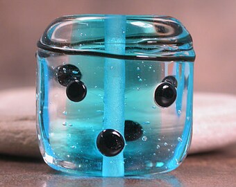 Lampwork Focal Bead, Square Lampwork Focal Bead, Watery Aqua Blue, Encased Lampwork, Divine Spark Designs, SRA