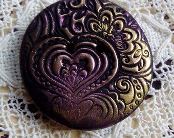 Round polymer clay button, unique button, handmade button, focal button, gold, pink, black, scrapbooking, sewing, knitting, card making