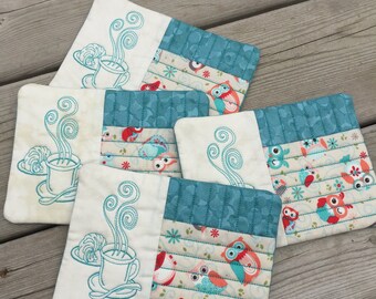 Owl Mug rugs set of 4, coffee mats, embroidered mug rugs, embroidered coasters,kitchen linens,coffee coasters