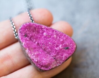 Cobalto Calcite Drusy Necklace, Sterling Silver Statement Necklace, Pink Drusy - Collector Stone - Cloths of Heaven