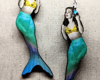 Mermaid Earrings / Laser Cut Wood / Siren Earrings / Stainless Steel / Hypoallergenic / Nautical Earrings / Mermaid Jewelry / Sea Jewelry