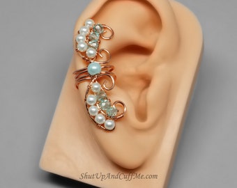 Beaded Fairy Ear Cuff, Green Glass and White Glass Pearls, One of a Kind, Copper Fairy Ear Cuff