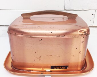 Vintage cake carrier | copper retro cake stand | MCM