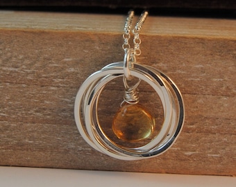 4 Rings Citrine Necklace, November Birthday, Citrine Gemstone, 40th Birthday Necklace, 4 Rings Necklace, Yellow Gemstone, Gift for Mom,