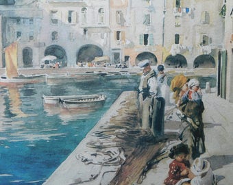 Vintage European Waterfront Watercolor Print