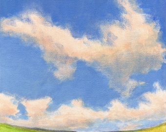 Summer Hills - Landscape Painting on Canvas 8x8 Clouds Green Valley Hills Sky