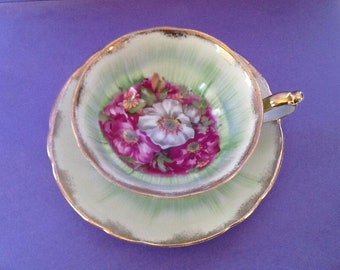 Royal Sealy China Japan Green Purple White Floral Teacup And Saucer, Footed Tea Cup Duo