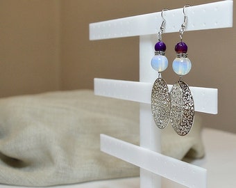 Silver filigree greek meander and moonstone and purple agate stone beads