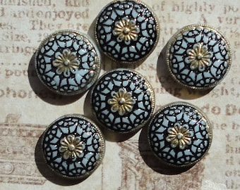 Vintage Glass Cabochons - 13mm Round White, Black And Gold Deco Design (choose 2 pc or 4 pc)