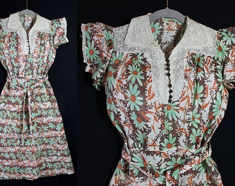 1930s Day Dress, Novelty Print, Reenactment Costume, AS IS