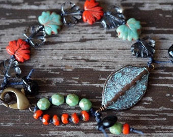 Unlisted - Turquoise and Coral Bracelet - Boho - Leaf Bracelet - Knotted - Bead Soup Jewelry