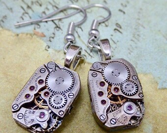 Jeweled Watch movement earrings - Steampunk Earrings - Watch Movements - Repurposed art