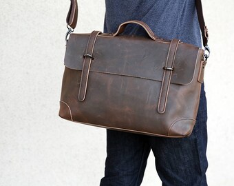 Chris - Espresso leather messenger bag for men, father's day gift, laptop bag, full grain leather bag for men