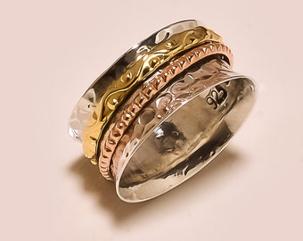 Three Tone Spinning ring, Meditation ring, statement ring, Spinner Ring US-6,7,8,9,10,11,12 Jewelry, free shipping
