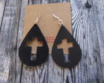 Genuine leather black cross earrings