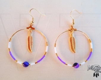 Hoop earrings, feathers, semi precious stone, banded agate, miyuki beads, gold plated 24 CT, is handmade, jewelry, gift for her