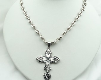 Antique Solid Sterling Silver Mexican Cross On A Heavy 20 Inch Sterling Silver Anchor Chain! #ANCHOR-XP3