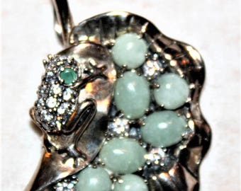 Sterling silver frog on lily pad with emerald eye pendant