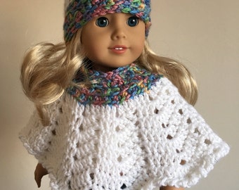 White 18 inch doll hat & poncho set with multicoloured trim, will fit American girl doll), doll clothes, doll hat, doll poncho, American Gi
