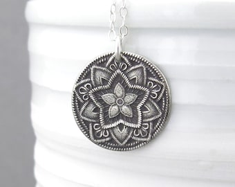Sterling Silver Necklace Long Silver Necklace Silver Pendant Necklace Bohemian Jewelry Rustic Jewelry Layered Necklace - Five Point Flower