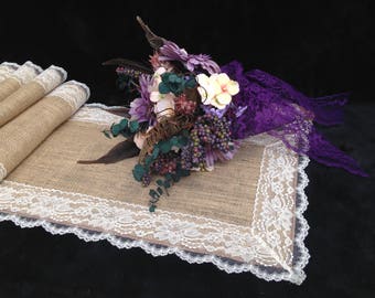 Burlap Lace Table Runner, IVORY Lace; Rustic Wedding Table Runner; 12" Width; Lace on ALL Edges; Country Home Decor, Farmhouse Decor