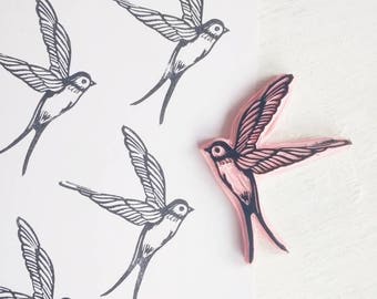 Bird Rubber stamp, Swallow Stamp, Flying Bird Stamp, Bird Lover Gift, Textile Printing stamp, Handcarved Stamp