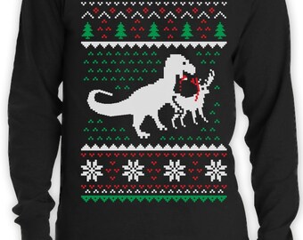Ugly Christmas Sweater T-Rex VS Reindeer Funny Xmas Long Sleeve T-Shirt