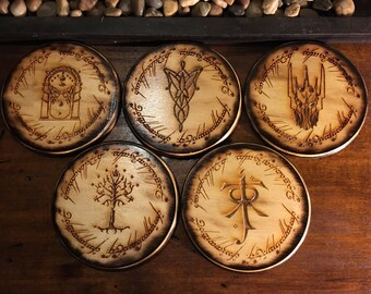 Free Shipping Sale! Lord of The Rings Coaster Set of 5,Handmade Wood Burned Laser Etched, LOTR