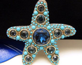 Beautiful Signed KJL Blue Starfish Brooch Rhinestone Lucite Gold Tone Kenneth J Lane