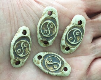 4 Ceramic Yin Yang Connectors/ Carved Clay Beads Kiln Fired Spacers/ High Fired Ceramic Clay/ Carved Yin Yang Beads/ CP104