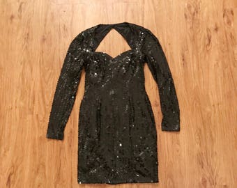 Vintage 80s Black Sequin Cut Out Long Sleeve Party Dress