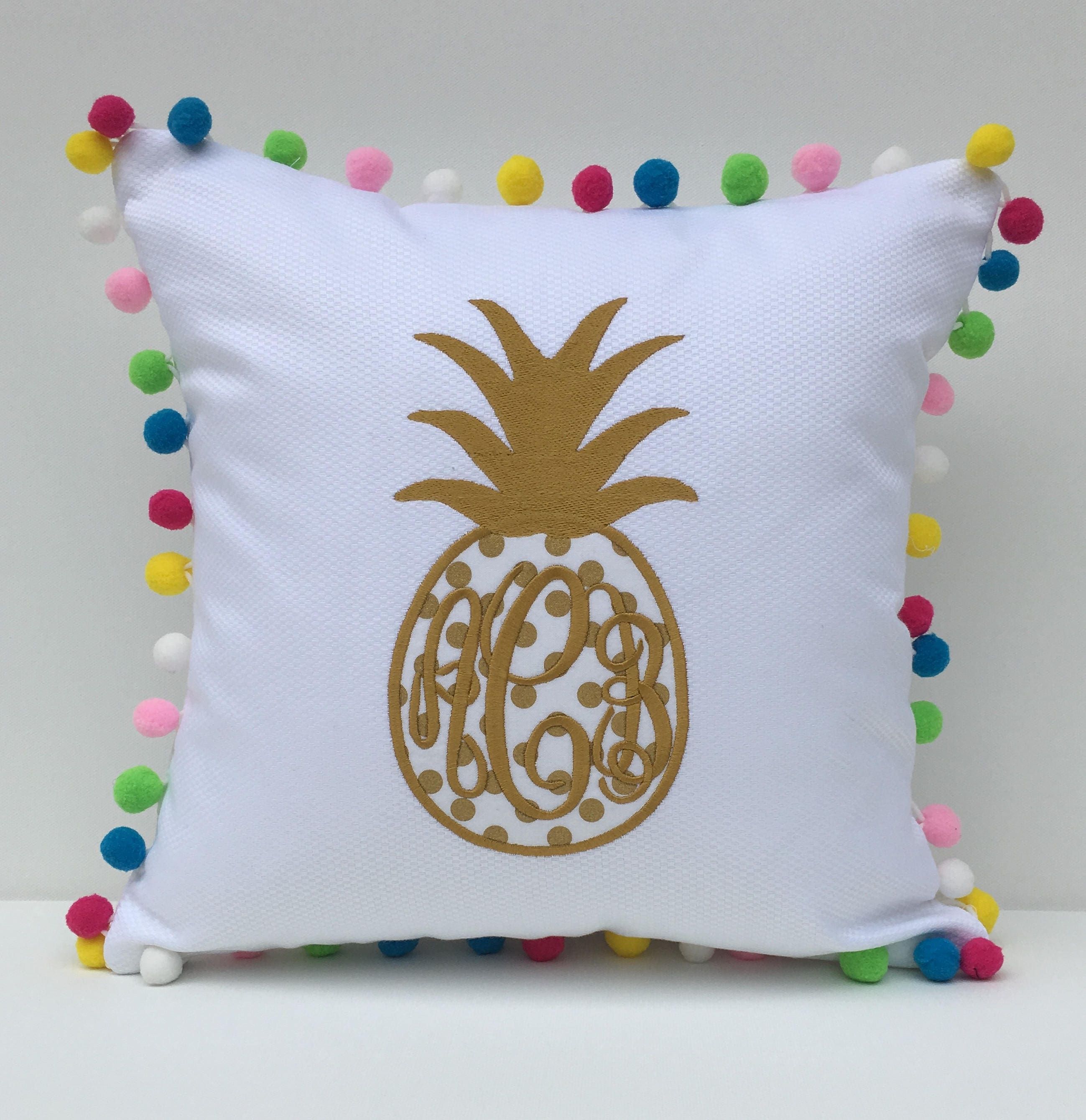 Monogrammed Pineapple Pom Pom Pillow Cover