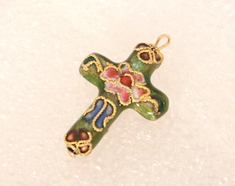 Vintage Green Glass Cross Pendant Pink Blue Purple Gold Wire Work Cross Charm
